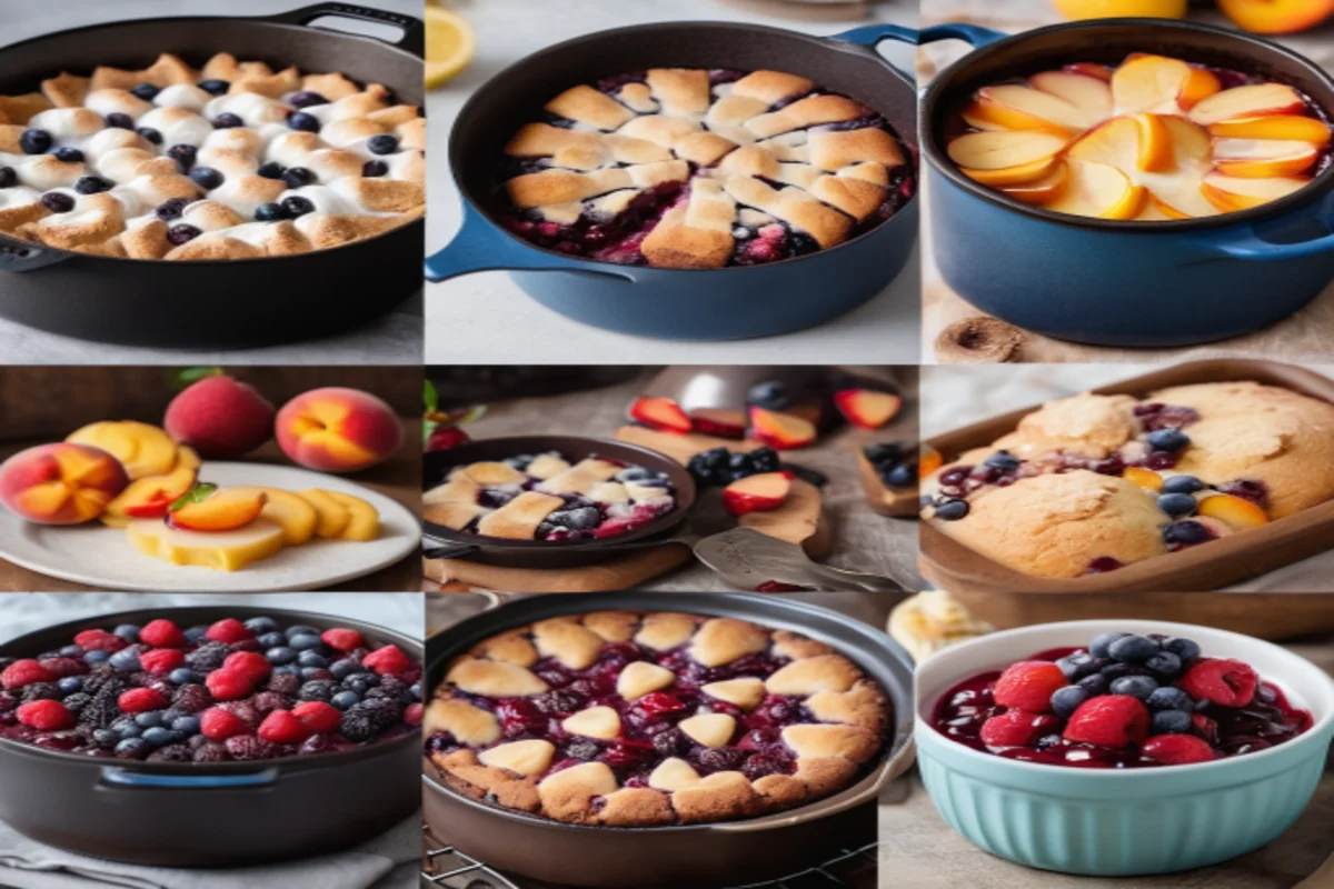 Five Dutch oven desserts, including Berry Cobbler and Chocolate Lava Cake.