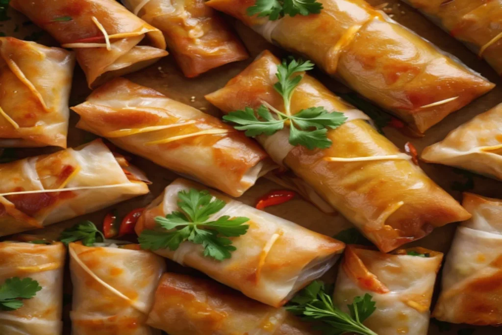 Ultra-realistic 4K image of Costco Spring Rolls with rustic aesthetic