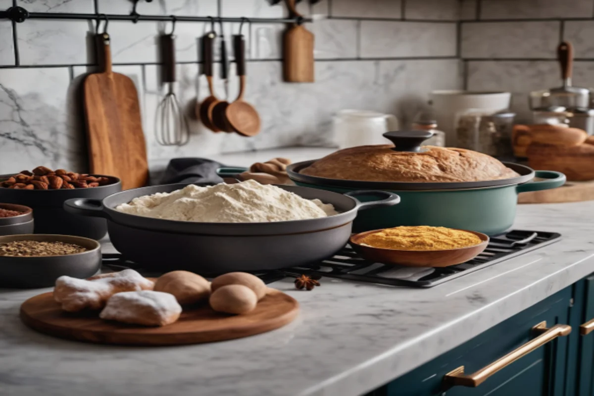 Array of Dutch oven baking essentials on a marble countertop.
