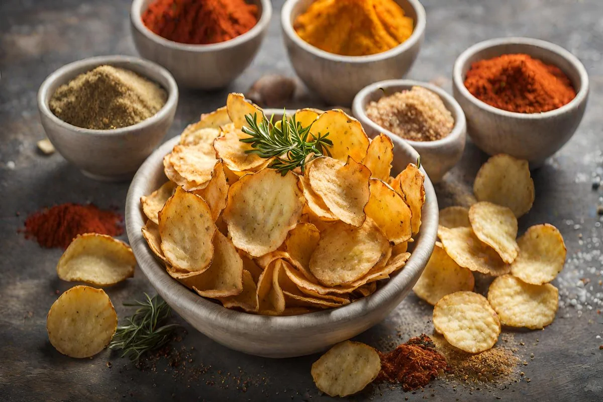 A variety of spices and seasonings surrounding a bowl of crispy Yukon Gold potato chips.