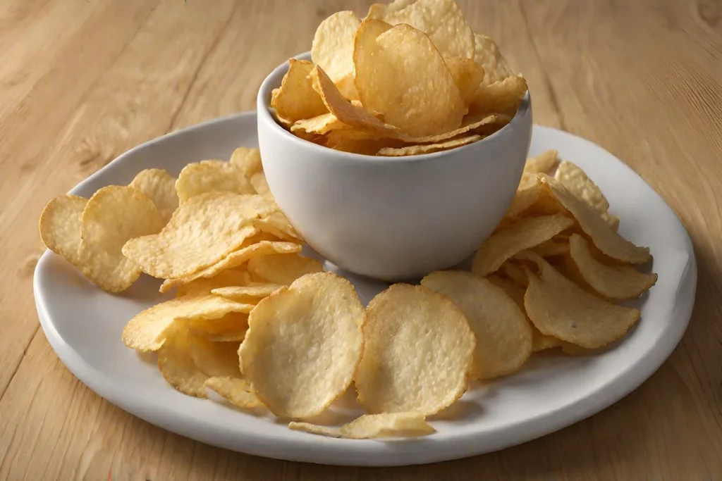 Close-up of crispy golden Yukon Gold potato chips on a rustic wooden table under natural light.