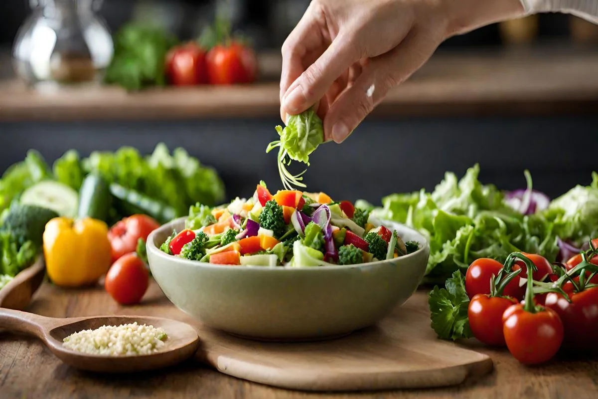 Assorted fresh vegetables being added to a Grinder Salad for nutritional value