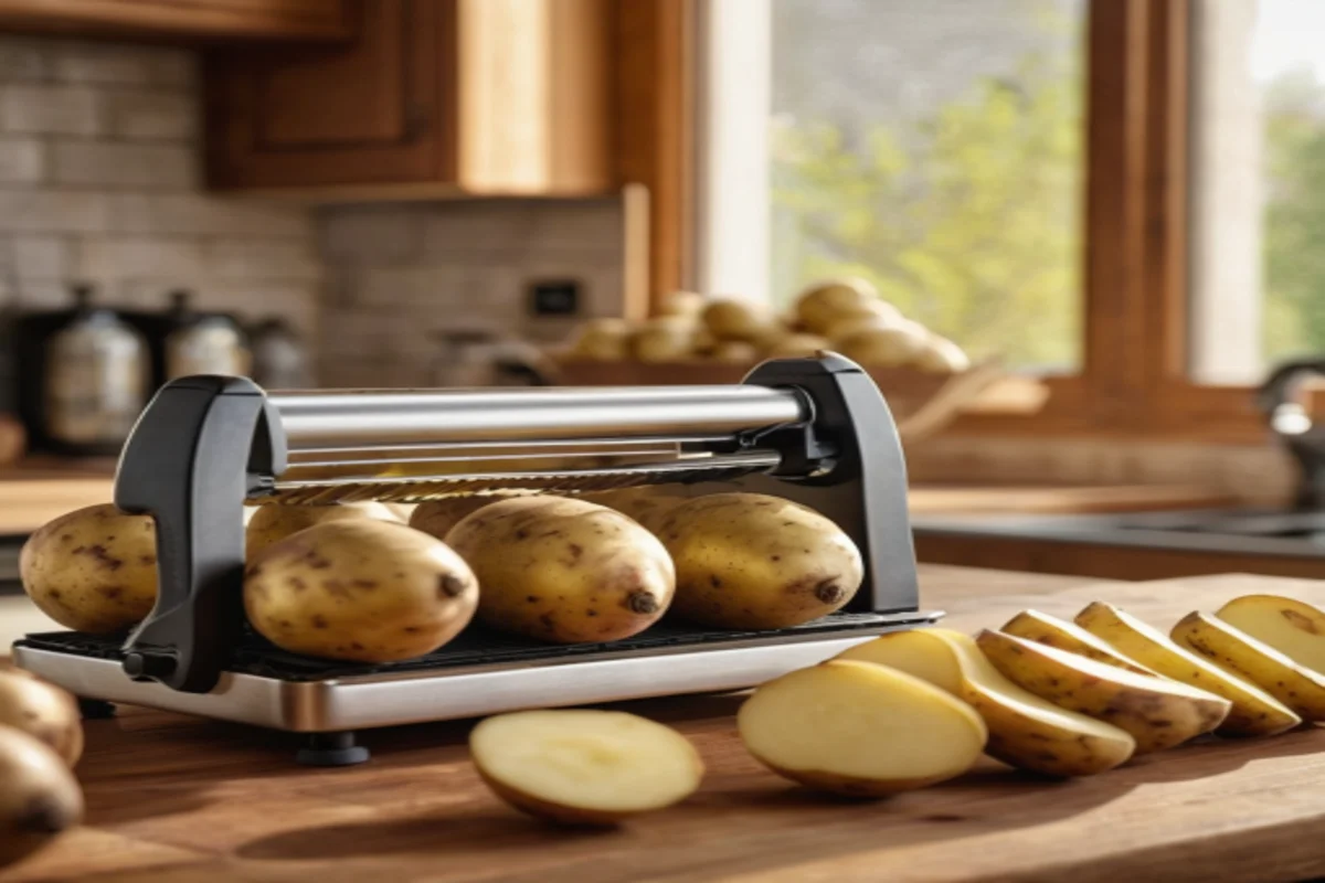 Slicing Yukon Gold potatoes on a mandoline slicer for homemade chips, with a bowl of soaking slices nearby.