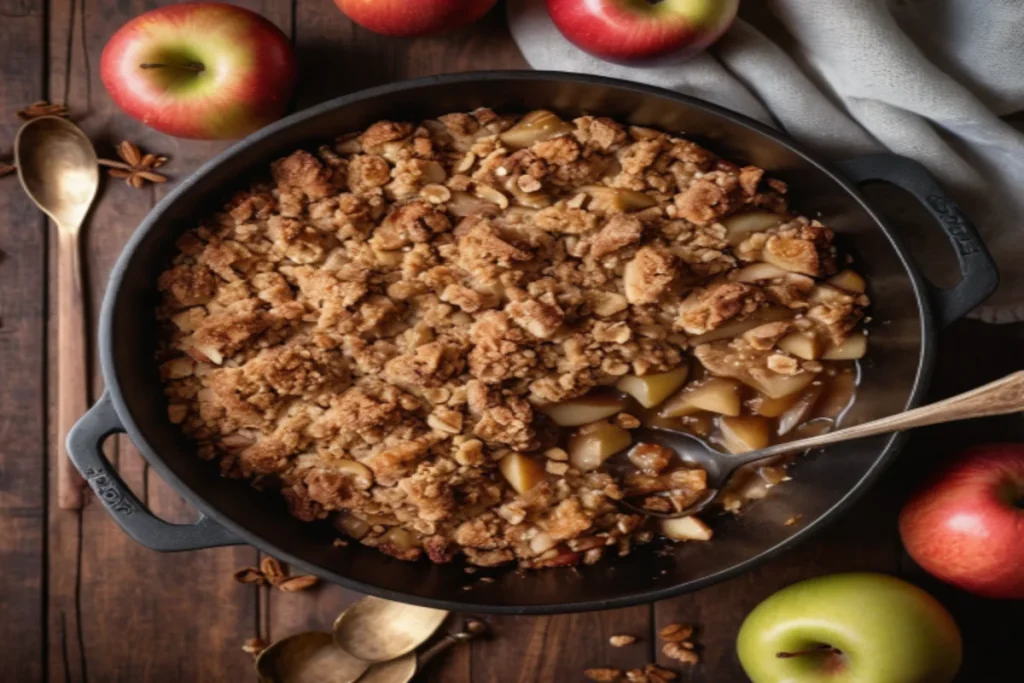 Overhead shot of a Dutch Oven Apple Crisp with a golden brown topping on a wooden table.