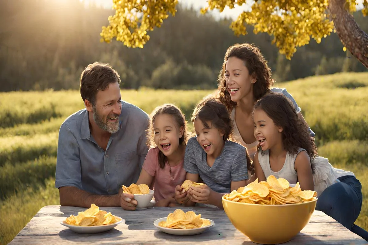 A group of friends sharing a bowl of crispy Yukon Gold potato chips in a warm setting.