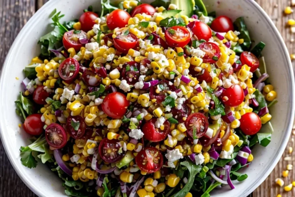 Top-view of Golden Girl Salad with vibrant greens, cherry tomatoes, sweet corn, and avocado slices drizzled with sweet corn vinaigrette