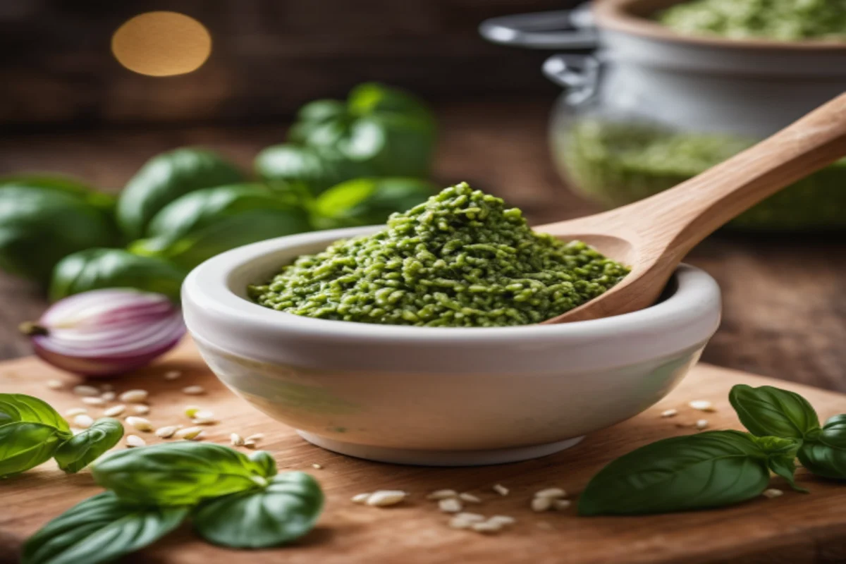 A mortar and pestle surrounded by fresh basil leaves, garlic, and pine nuts, capturing the essence of traditional pesto preparation.