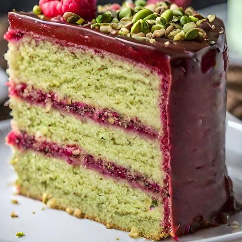 Ingredients: 2 1/2 cups all-purpose flour 1/2 cup ground pistachios 1 tablespoon baking powder 1/2 teaspoon salt 1 cup unsalted butter, softened 1 3/4 cups granulated sugar 4 large eggs 1 teaspoon vanilla extract 1 cup milk 1/2 cup raspberry jam For the Raspberry Glaze: 1 cup raspberry preserves 2 tablespoons water For the Frosting: 1 cup unsalted butter, softened 4 cups powdered sugar 1/2 teaspoon pure almond extract 2 tablespoons milk For Garnish: Fresh raspberries Chopped pistachios Directions: Preheat oven to 350°F (175°C). Grease and flour three 8-inch cake pans. Mix flour, ground pistachios, baking powder, and salt in a bowl. Set aside. In a large bowl, cream butter and sugar until light and fluffy. Beat in eggs one at a time, then stir in vanilla. Gradually add the flour mixture alternately with milk, starting and ending with the flour mixture. Divide batter among prepared pans. Bake for 25-30 minutes, or until a toothpick inserted into the center comes out clean. Cool in pans for 10 minutes, then turn out onto wire racks to cool completely. For the glaze, heat raspberry preserves and water in a small saucepan over low heat until pourable. For the frosting, beat butter until creamy. Gradually add powdered sugar, then almond extract and milk until smooth and spreadable. To assemble, spread raspberry jam between layers of cake. Cover the top and sides with frosting. Pour the raspberry glaze over the top, allowing it to drip down the sides. Garnish with fresh raspberries and chopped pistachios. Prep Time: 40 minutes | Cooking Time: 30 minutes | Total Time: 1 hour 10 minutes Kcal: 580 kcal per serving | Servings: 12 servings