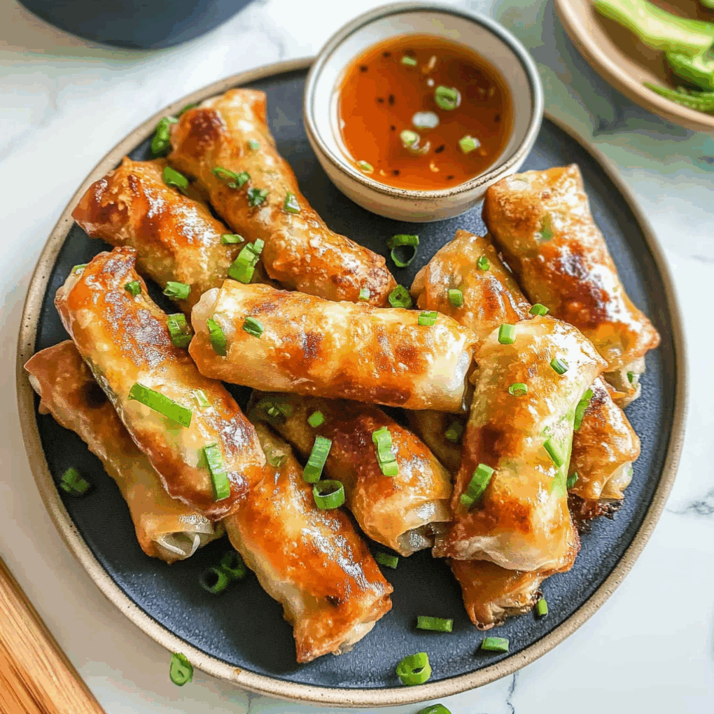 Delicious Best Easy Air Fryer Egg Rolls served as a complete meal with dipping sauce by chef Louisa Jannet