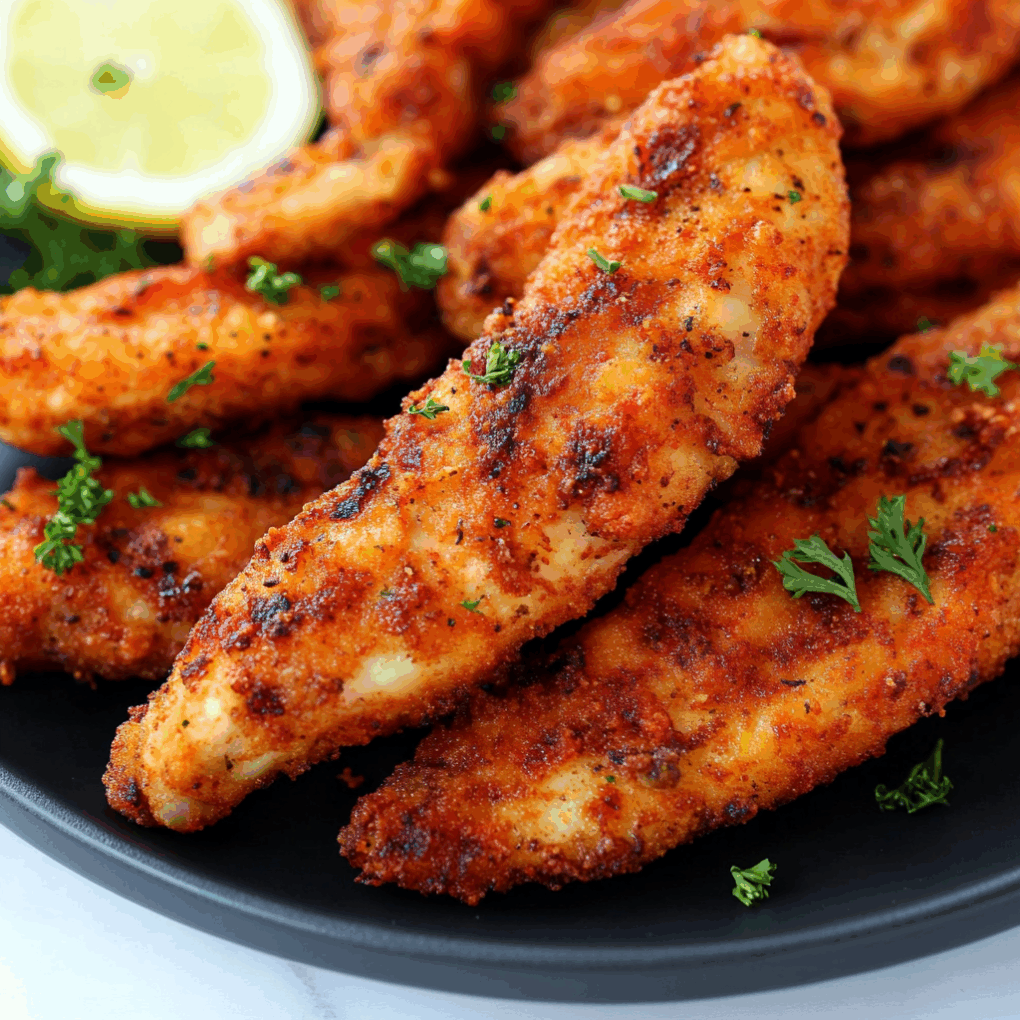 Delicious Air Fryer Chicken Tenders - No Breading served as a complete meal with dipping sauces by chef Louisa Jannet