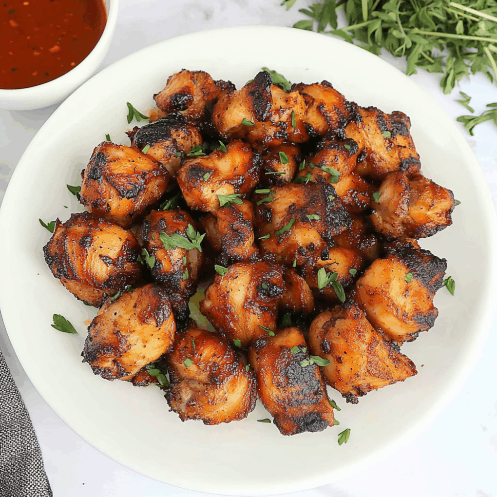 Delicious Air Fryer Chicken Bites served as a complete meal with dipping sauces by chef Louisa Jannet