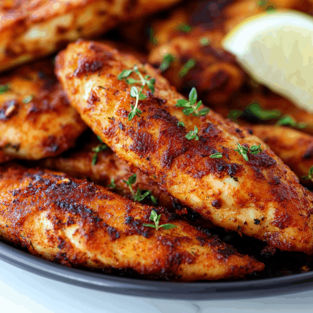 Freshly prepared homemade Air Fryer Chicken Tenders - No Breading with perfect texture by chef Louisa Jannet