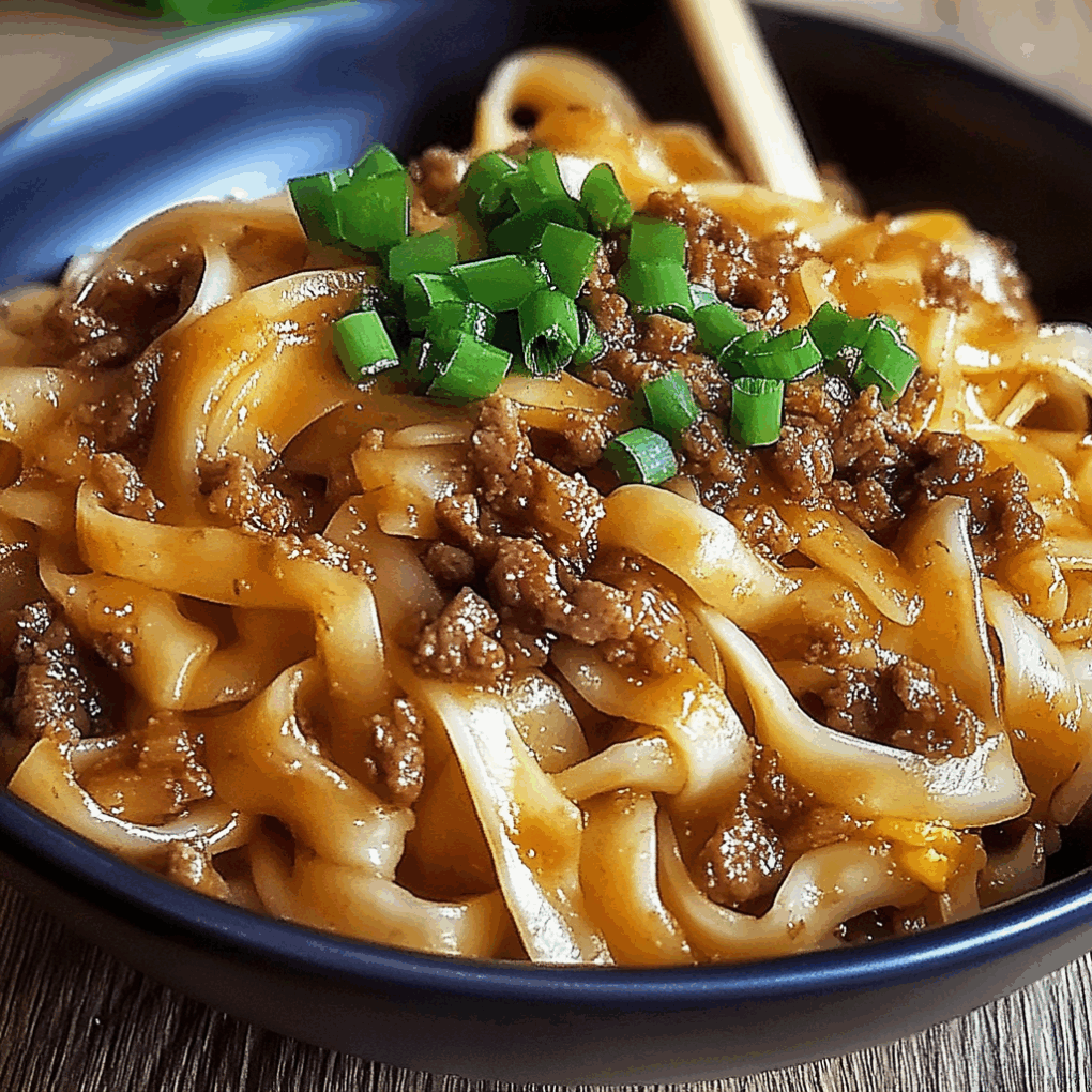 Delicious Mongolian Ground Beef Noodles served as a complete meal with steamed vegetables by chef Louisa Jannet