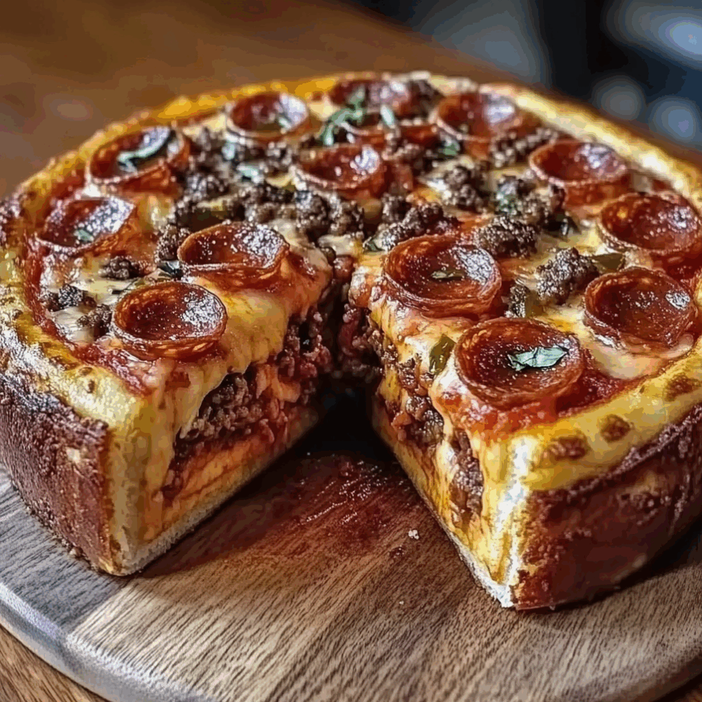 Delicious Deep-Dish Pizza Pie served as a complete meal with salad by chef Louisa Jannet