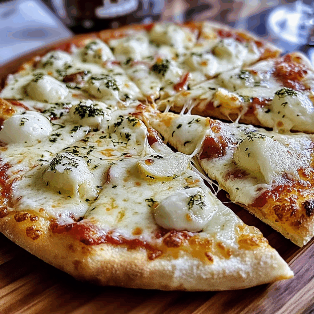 Delicious White Pizza served as a complete meal with side salad by chef Louisa Jannet