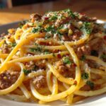 Cheesy Garlic Butter Linguine Pasta with Savory Ground Beef