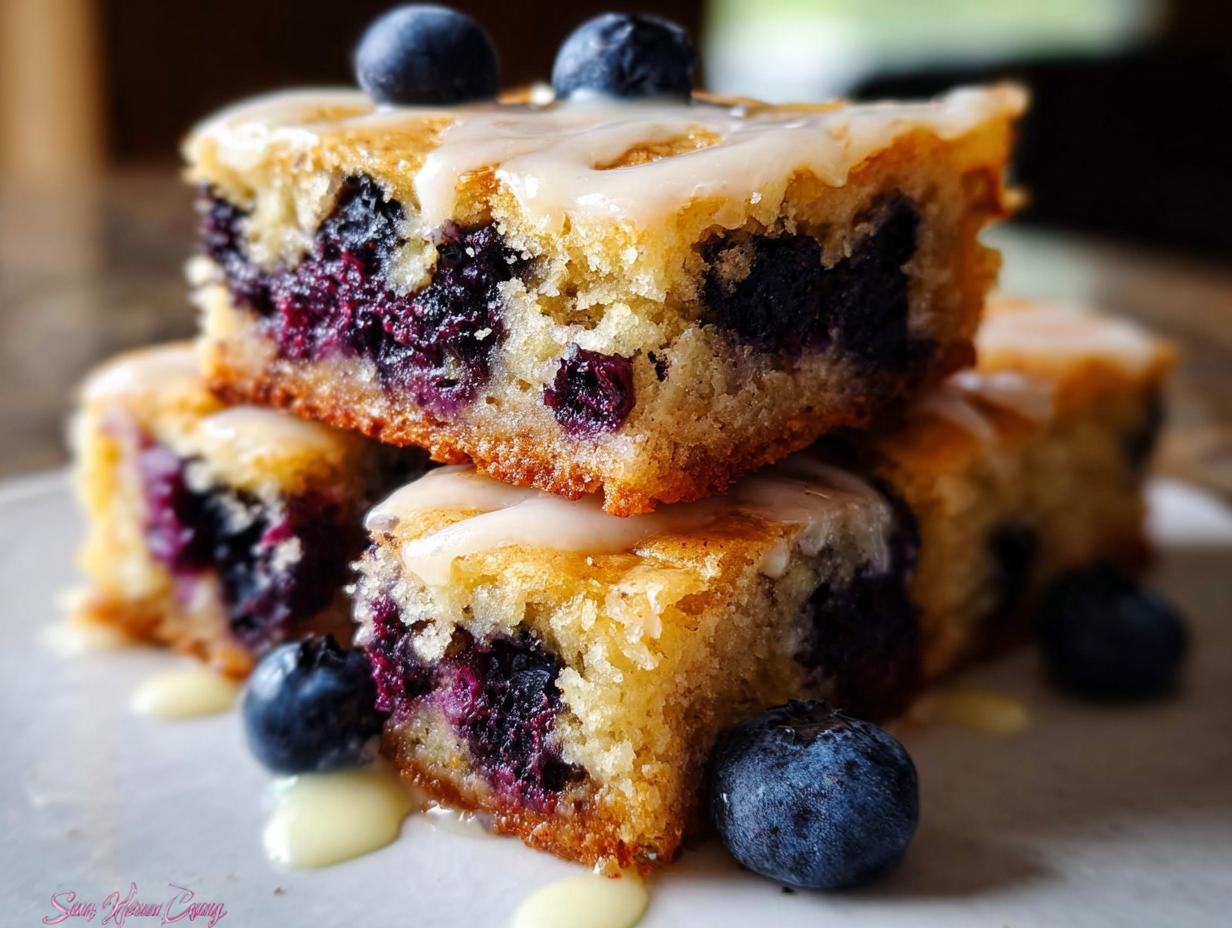 Blueberry Blondies: 10 Min Prep Delight 5 Blueberry Blondies: 10 Min Prep Delight - Close-up of a finished blueberry blondie bar with glaze