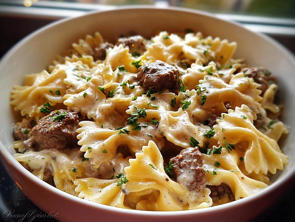 Beef Bowtie Pasta Alfredo