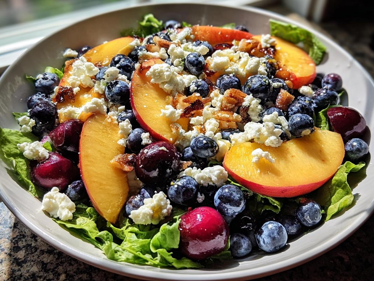 Blueberry Peach Feta Salad: 15 Min Magic 4 Blueberry Peach Feta Salad with fresh blueberries and peach slices