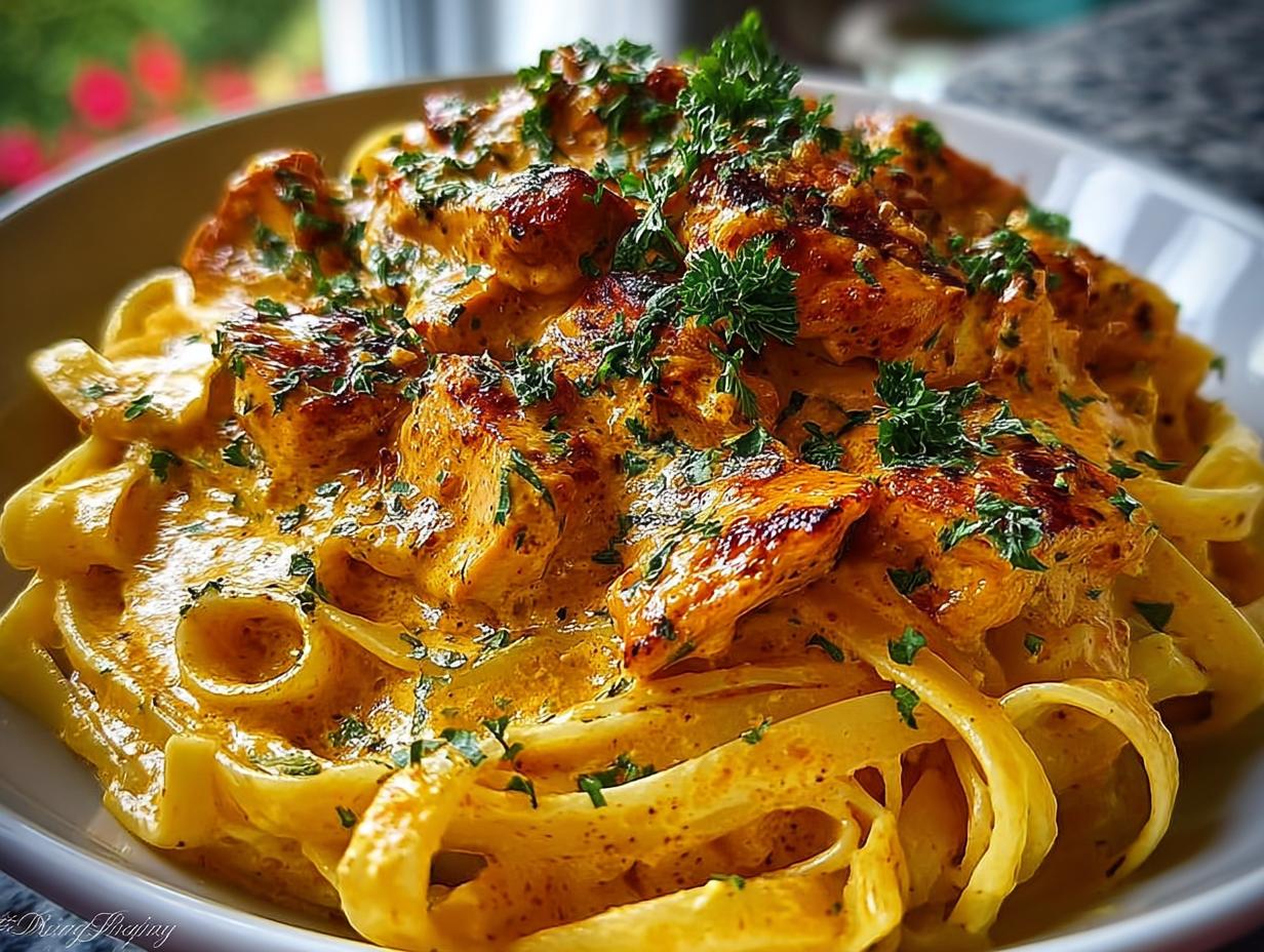 A close-up of Creamy Cowboy Butter Chicken served over linguine, garnished with parsley