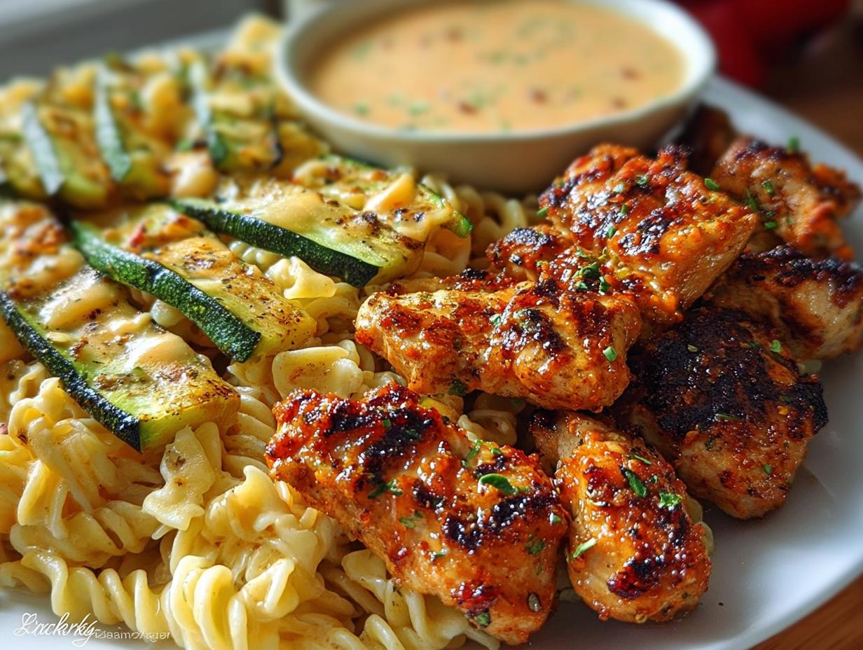Garlic Chili Oil Chicken - plated dish with pasta and vegetables