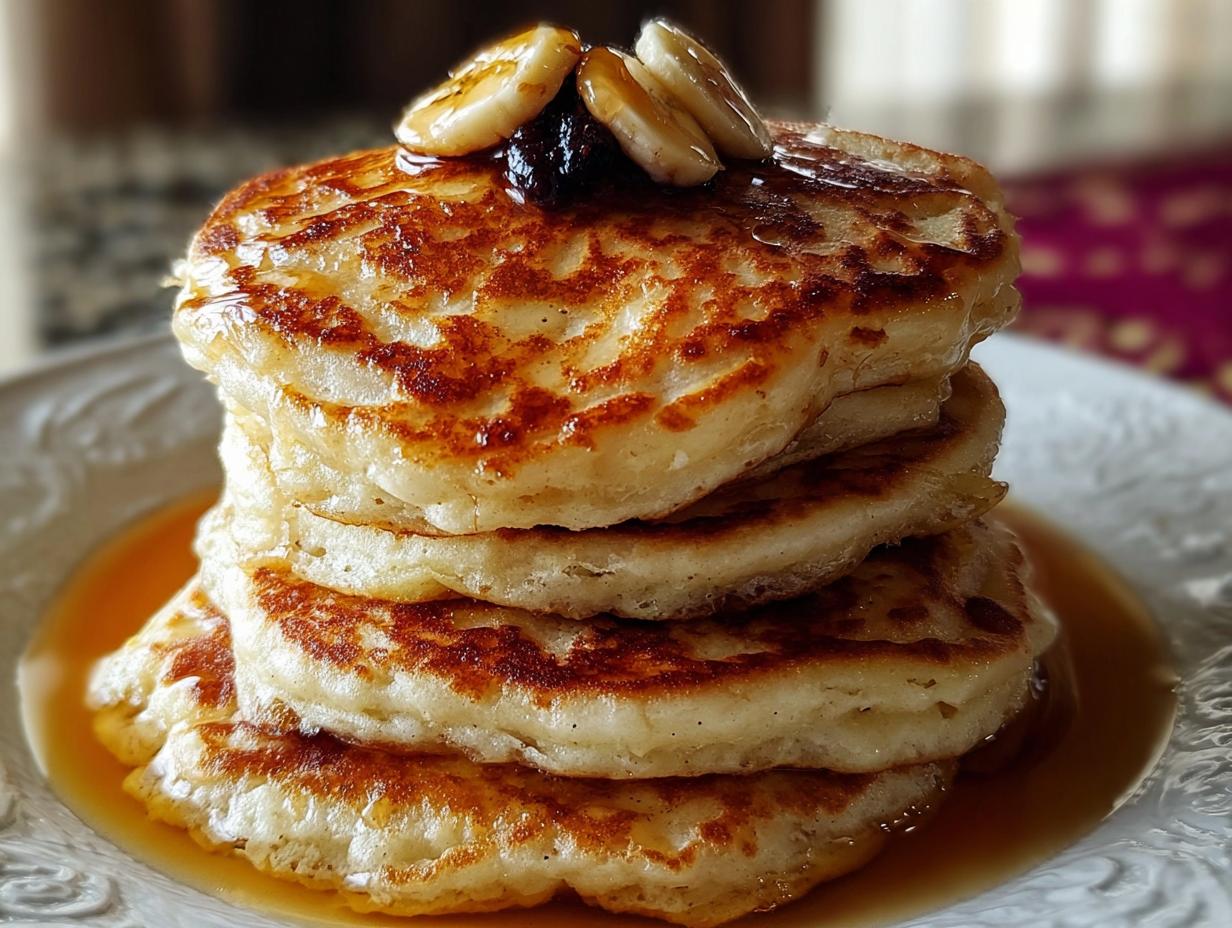 Healthy Fluffy Banana Cottage: 2 Eggs Great - close-up of fluffy banana cottage cheese pancakes stacked on a plate with fresh berries
