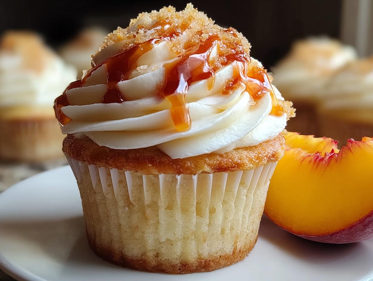 Honey Peach Cream Cheese Cupcakes with creamy frosting