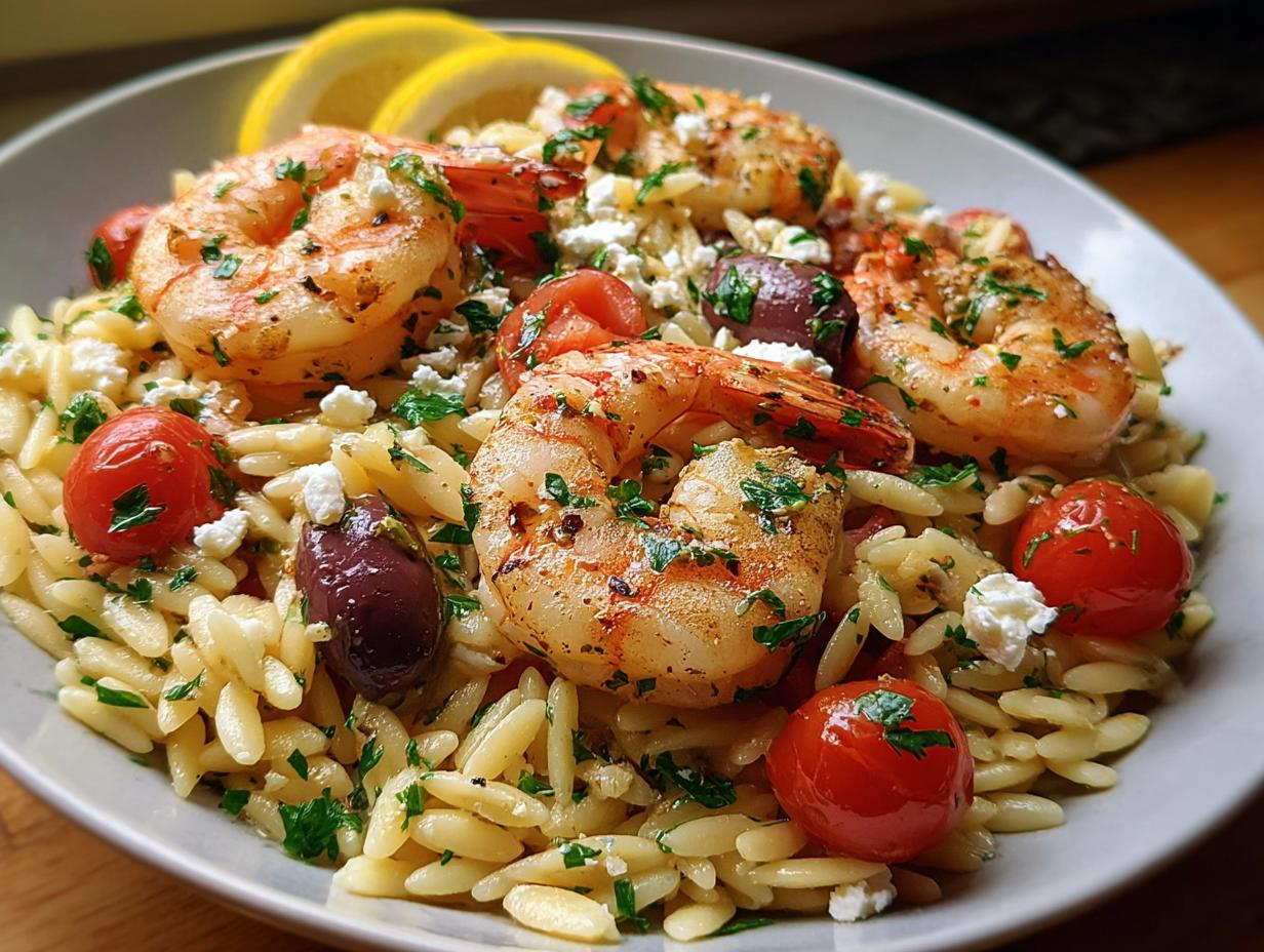 Lemon Feta Orzo Shrimp: Amazing 10-Min Meal 4 Lemon Feta Orzo Shrimp - close-up of the dish with shrimp, orzo, tomatoes, and feta