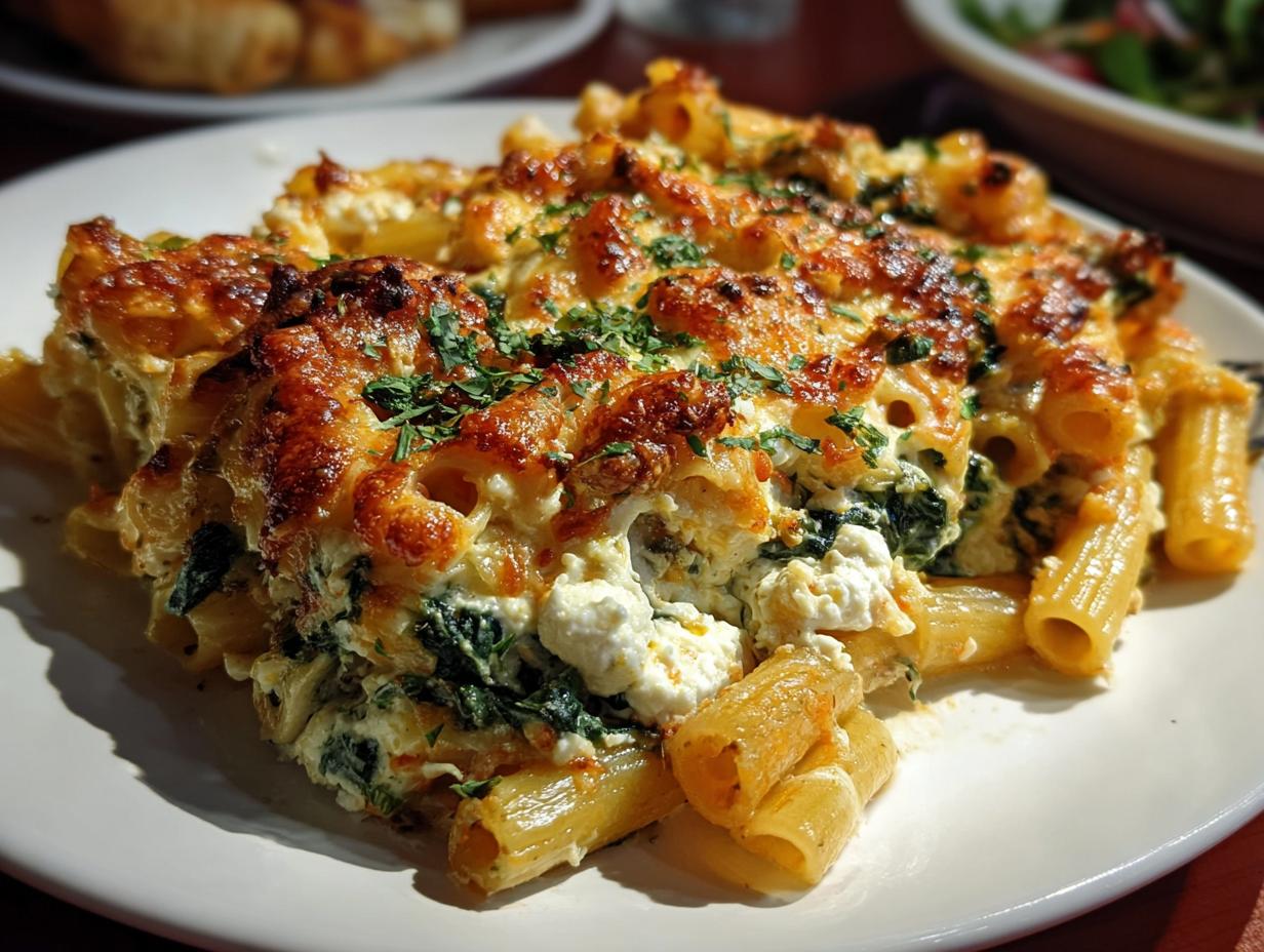 Close-up of a serving of Spinach Ricotta Pasta Bake with melted cheese