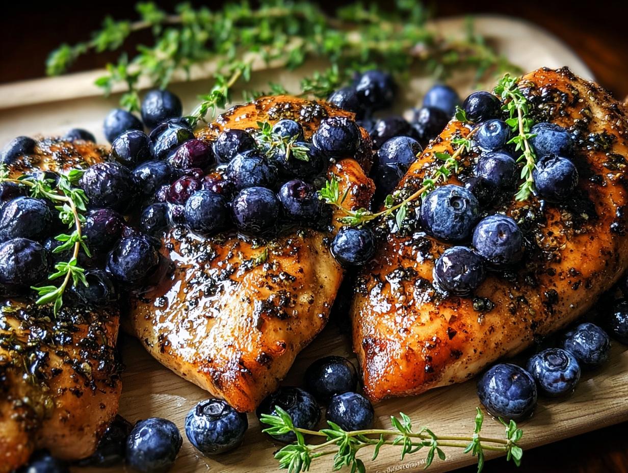 Blueberry Thyme Chicken: 4-Ingredient Savory Bliss - close-up of baked chicken with blueberries and thyme
