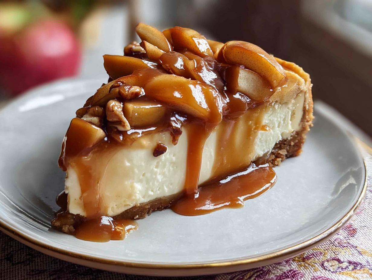 Caramel Apple Cheesecake: 1 Amazing Recipe 5 Caramel Apple Cheesecake: 1 Amazing Recipe - Caramel Apple Cheesecake - overhead view of the whole cheesecake with caramel drizzle and apples