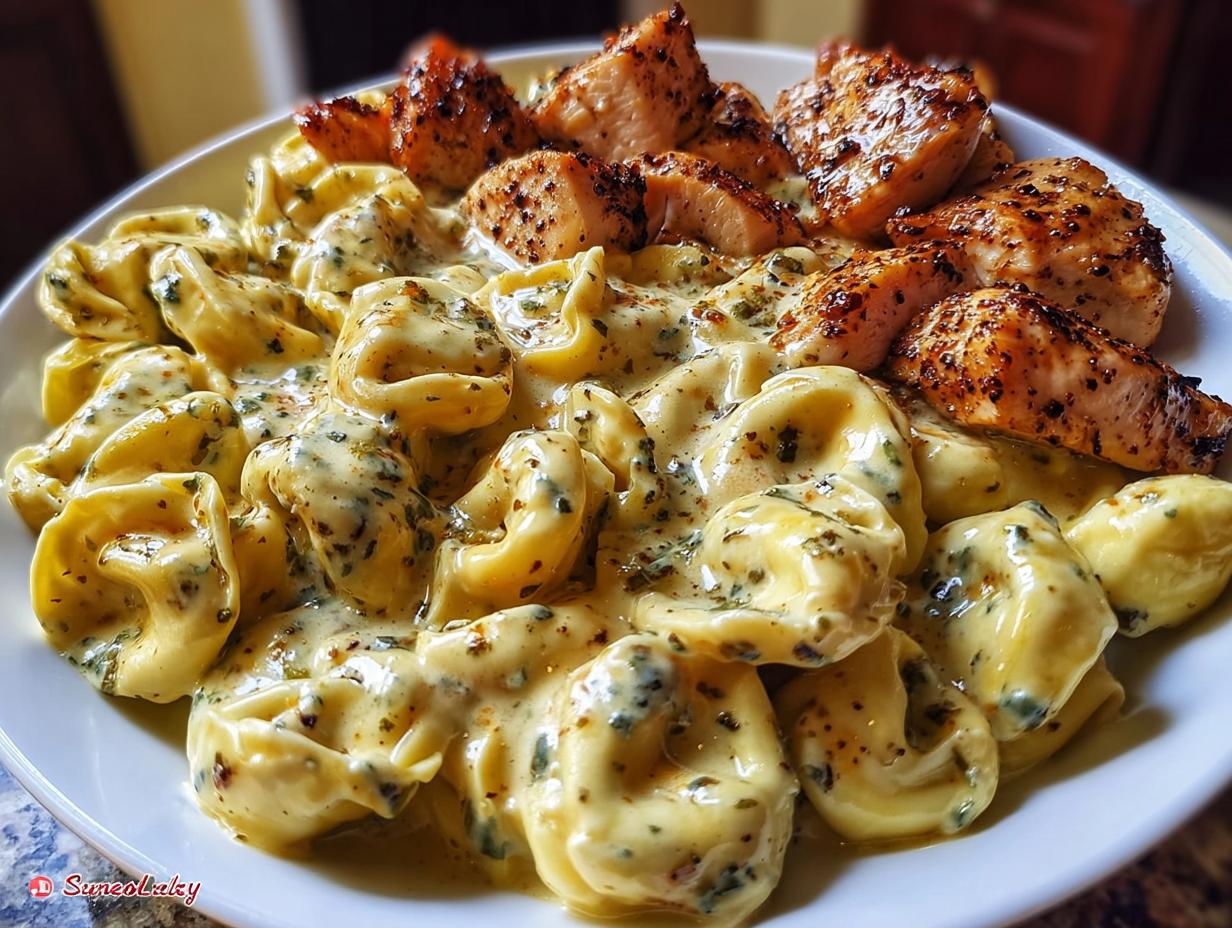 Creamy Velveeta Chicken Tortellini: 1 Easy Dish 4 Creamy Velveeta Chicken Tortellini - close up of cheesy tortellini and chicken