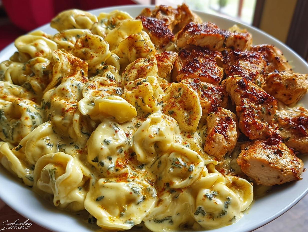Creamy Velveeta Chicken Tortellini: 1 Easy Dish 5 Creamy Velveeta Chicken Tortellini - serving suggestion with parsley garnish