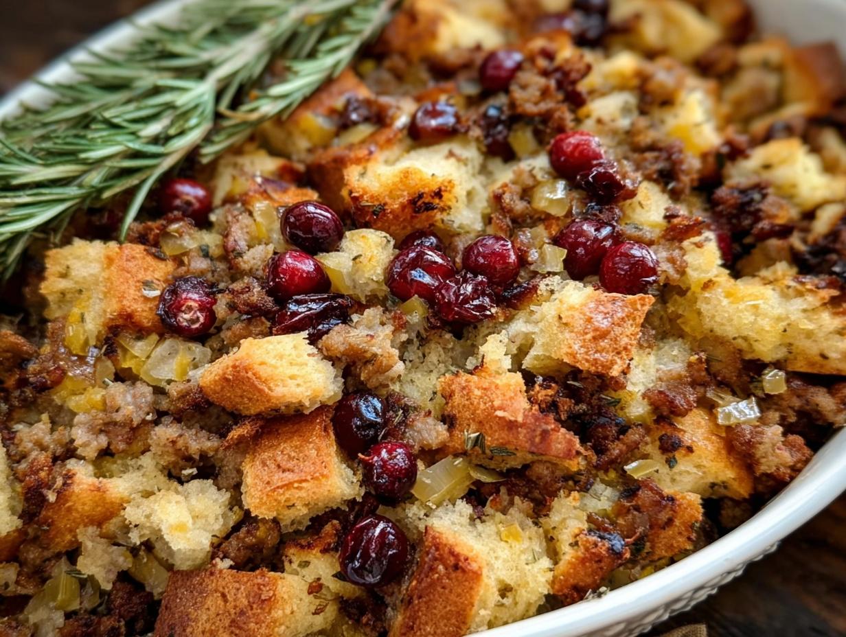 Favorite Sausage Cranberry Stuffing: 1 Easy Recipe - Sausage Cranberry Stuffing - baked and ready to serve