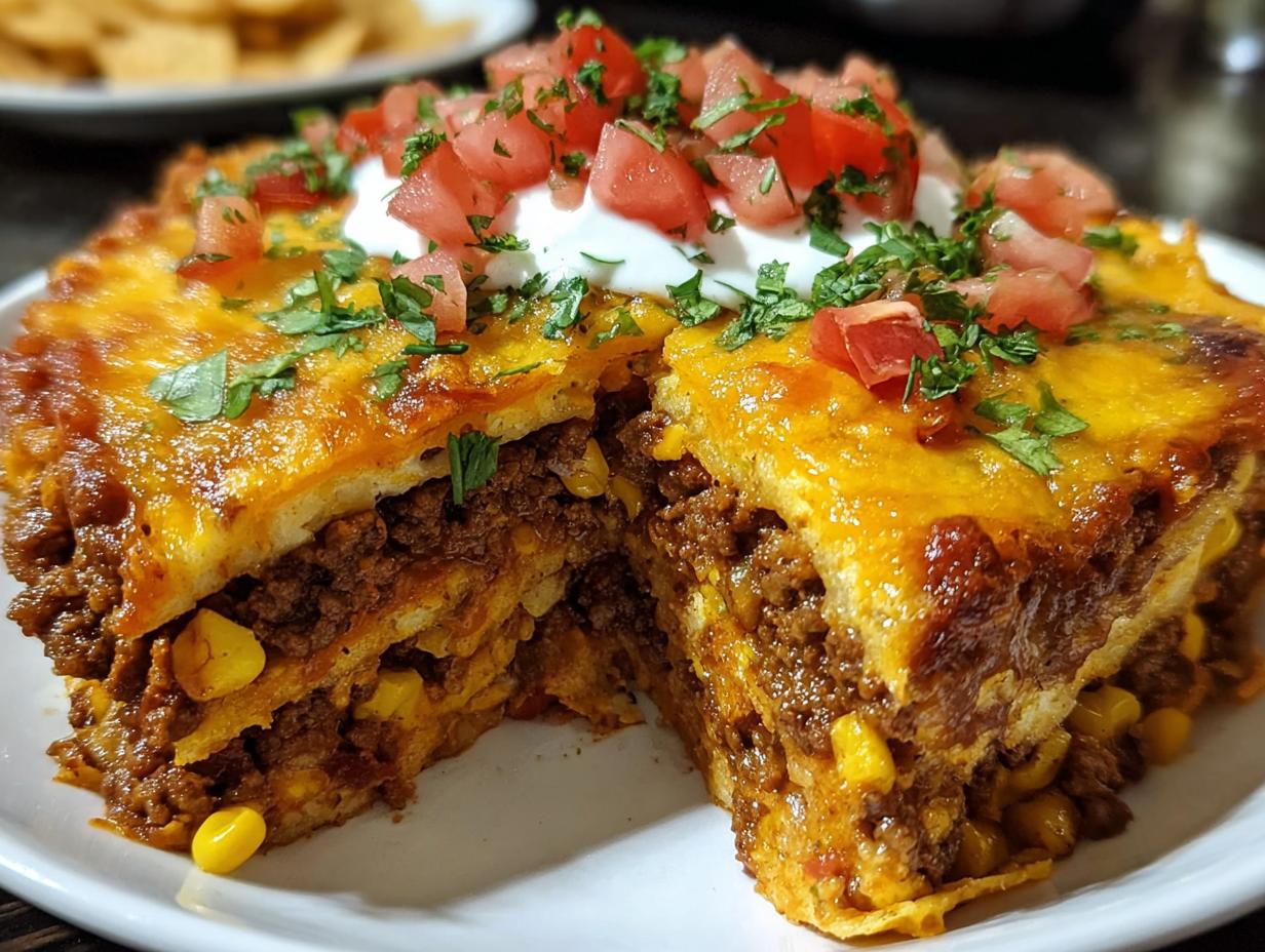 1 Cheesy Dorito Taco Casserole Magic 6 Close-up of Cheesy Dorito Taco Casserole showing melted cheese and crunchy Doritos