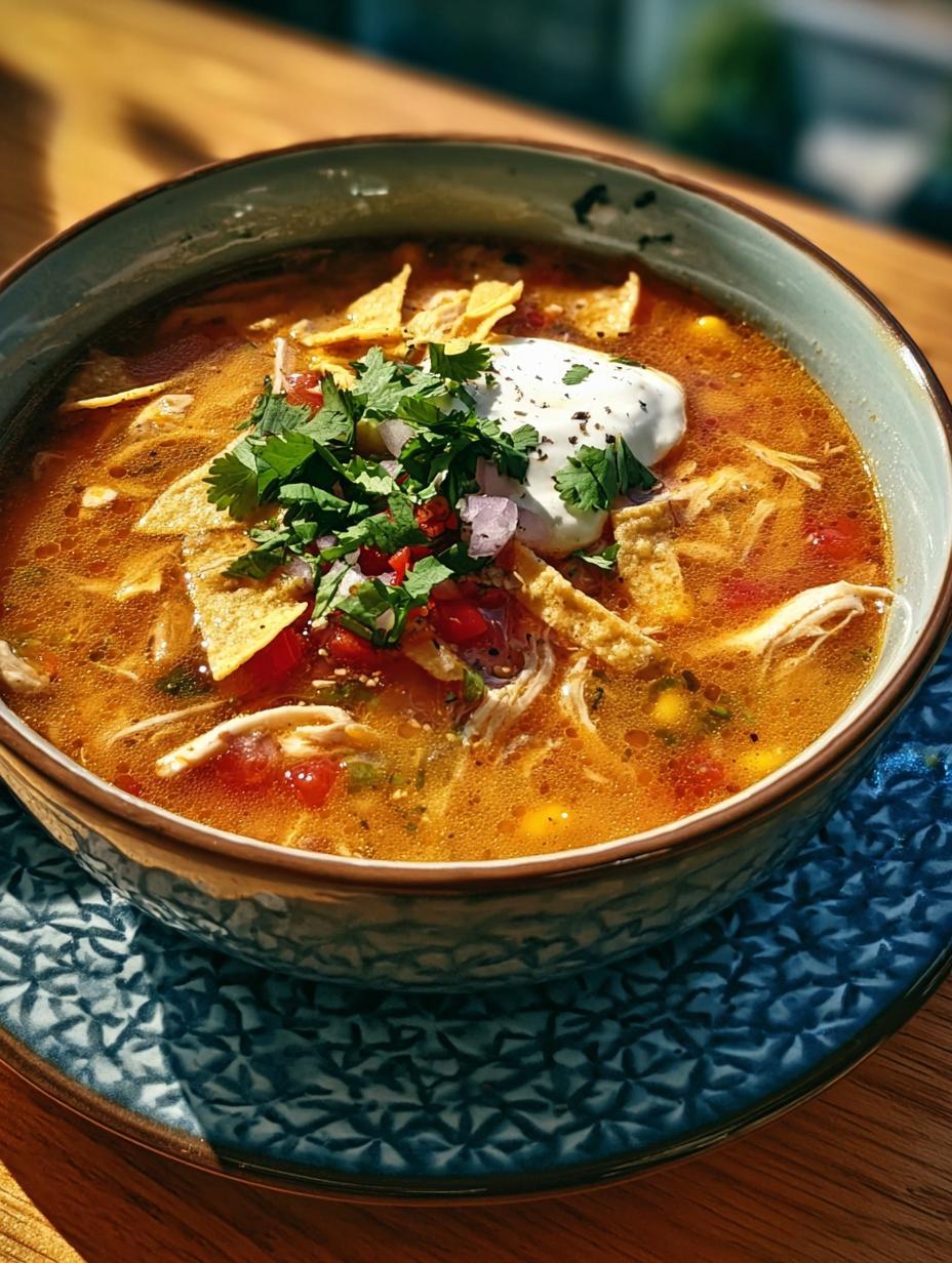 Chicken Tortilla Soup Crockpot: 1 Wicked Recipe 4 Delicious and comforting Chicken Tortilla Soup Crockpot, garnished with fresh cilantro and tortilla strips, ready to be served.