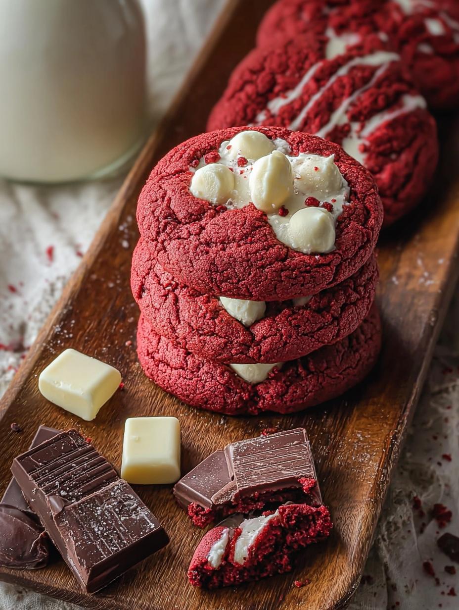 Close-up of freshly baked Red Velvet Cake Mix Cookies with white chocolate chips, showing their soft centers