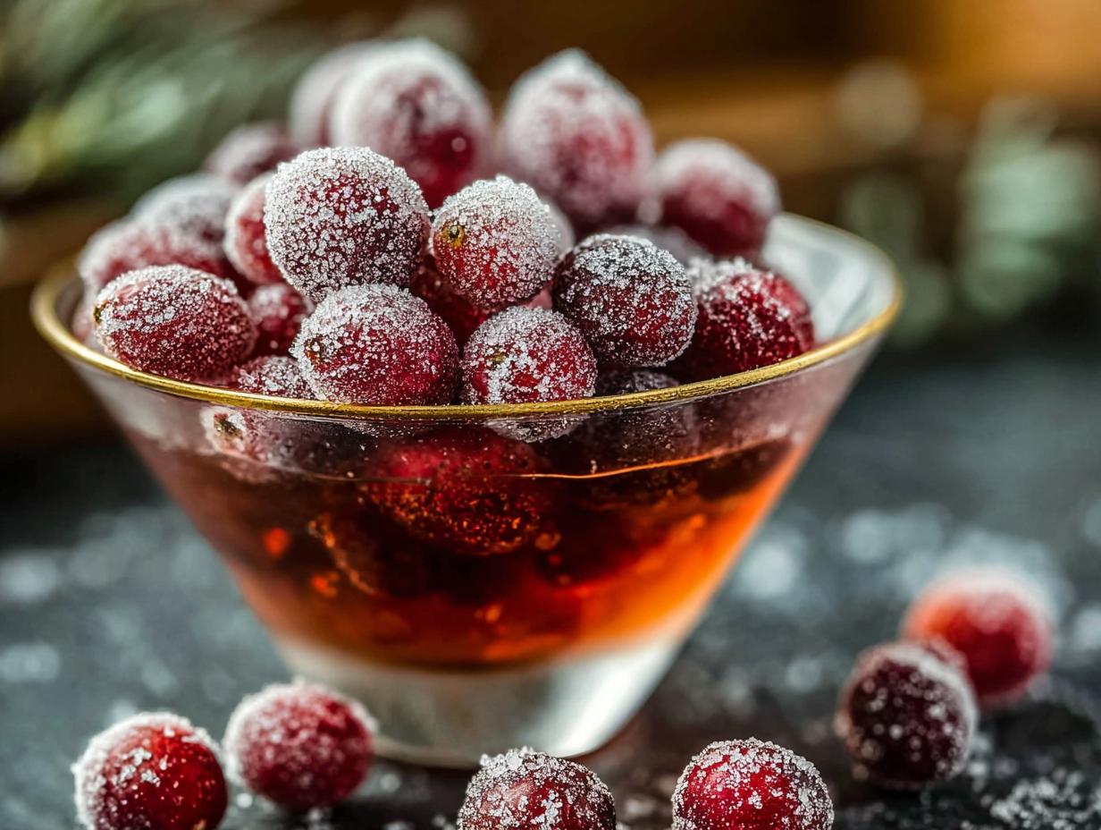 Sugared Cranberries: 1 Recipe for Magical Garnish 4 Sugared Cranberries being dipped in sugar syrup