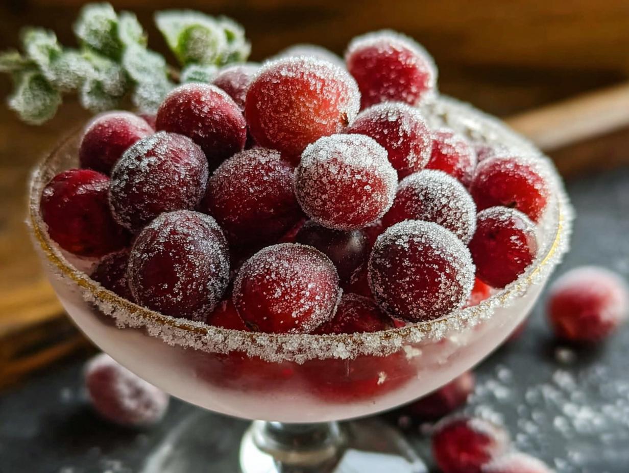 Sugared Cranberries: 1 Recipe for Magical Garnish 5 Close-up of sugared cranberries sparkling
