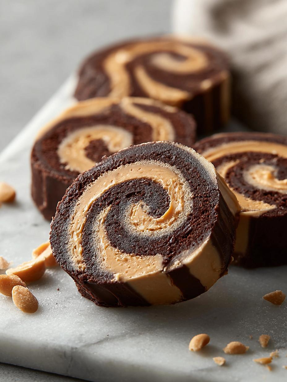 Bake Chocolate Peanut Butter Fudge Pinwheels displayed on a dessert table ready to serve