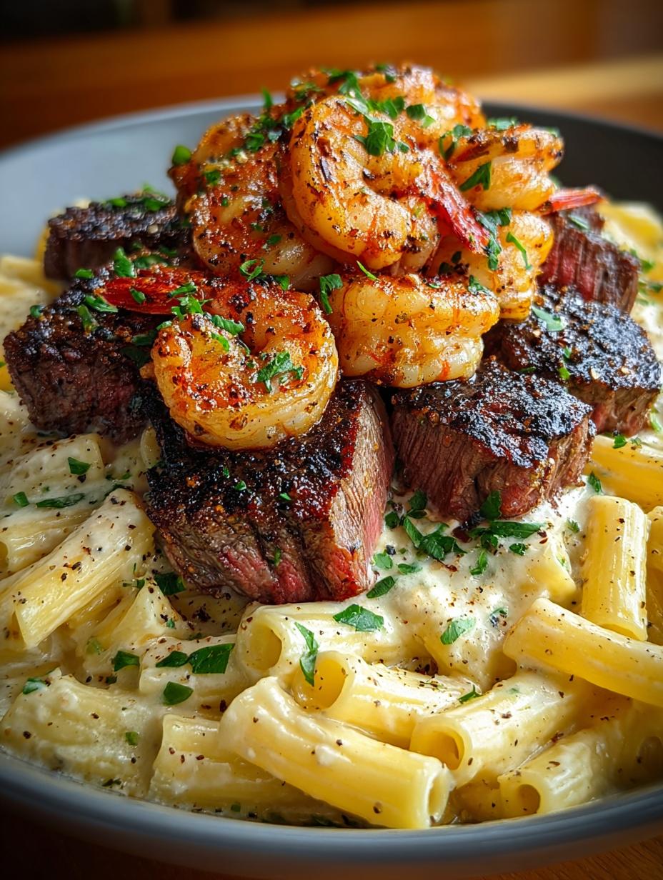 Delicious Blackened Steak Shrimp Alfredo Recipe - Blackened Steak Shrimp Alfredo - main visual representation