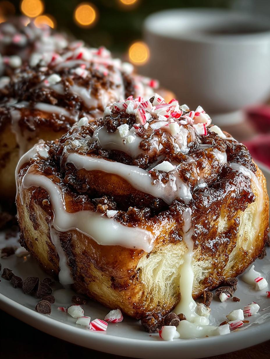 Irresistible Peppermint Bark Cinnamon Rolls fresh from the oven on a cooling rack