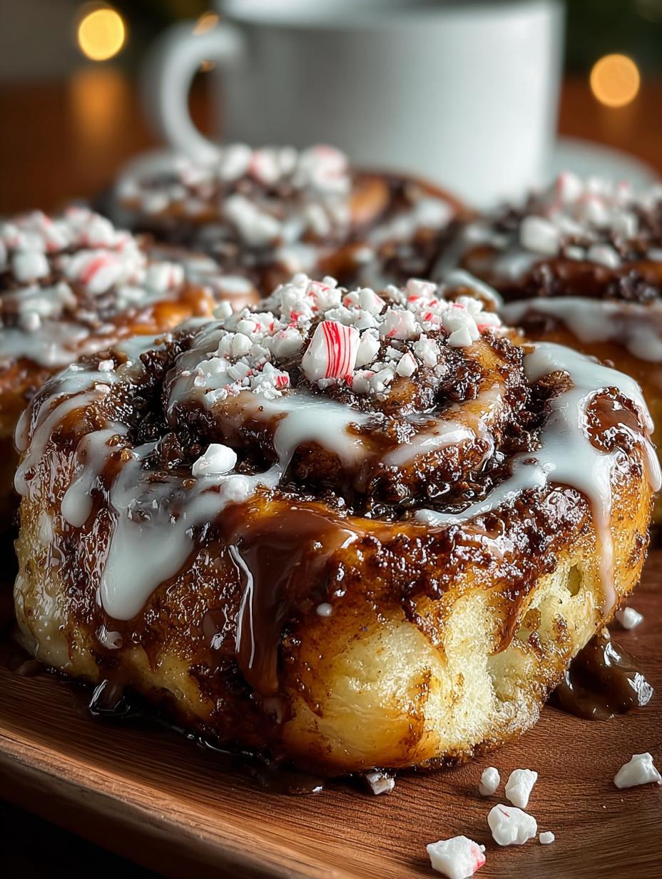 Deliciously decorated Peppermint Bark Cinnamon Rolls ready to be served