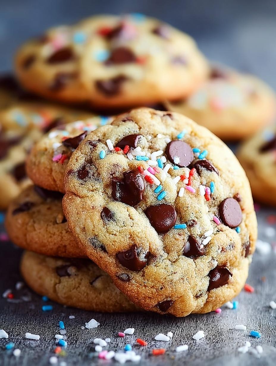 Irresistible Sprinkle Chocolate Chip Cookies fresh from oven on cooling rack