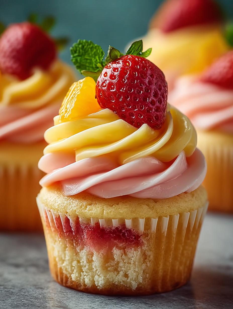 Mango Strawberry Sunset Cupcakes: 12 Tropical Delights - Mango Strawberry Sunset Cupcakes - main visual representation