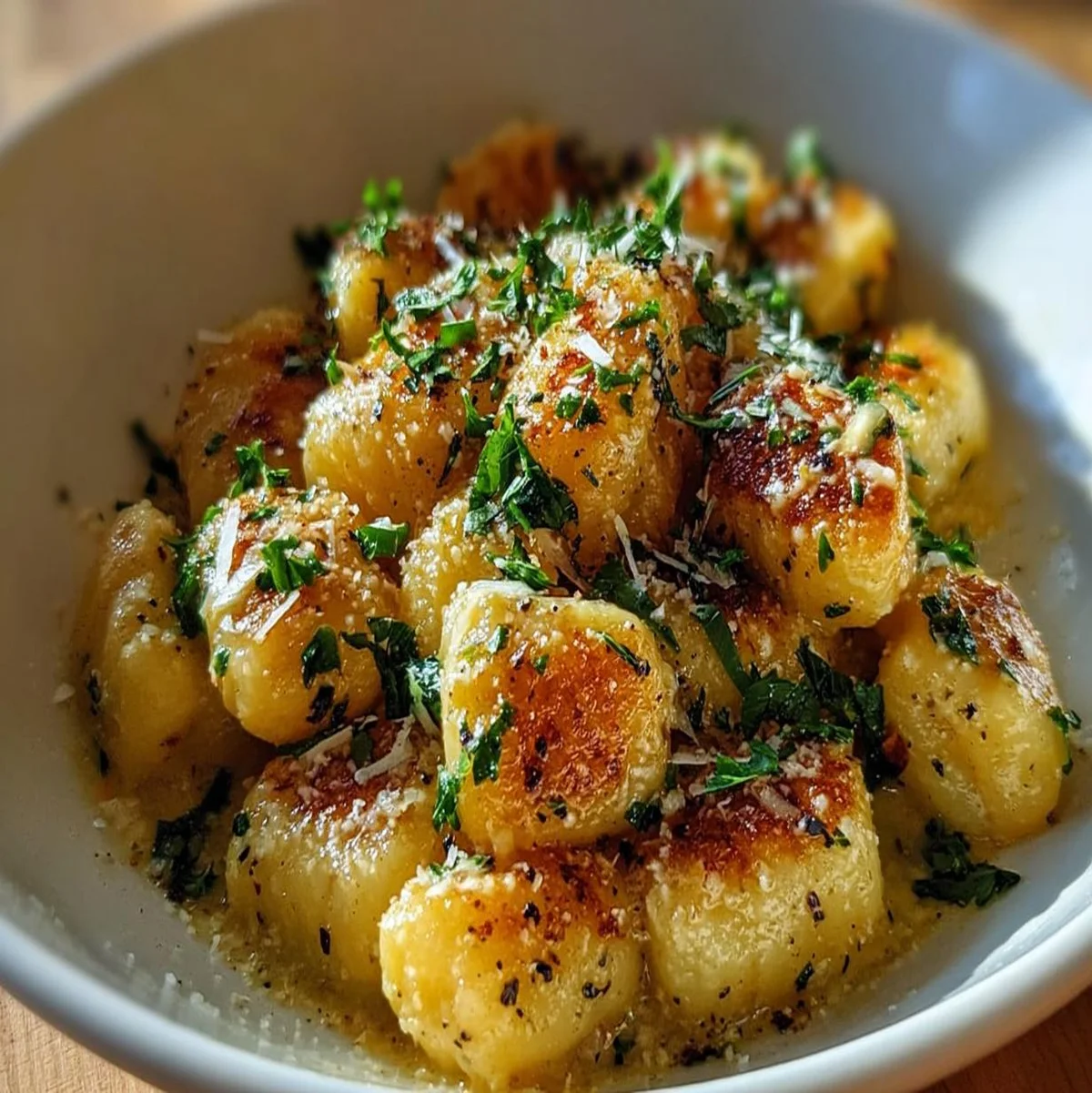 Close-up of Savory Roasted Garlic Parmesan gnocchi showing texture and Parmesan garnish